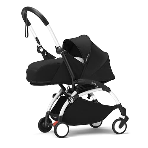 Stokke YOYO3 Stroller with Newborn Pack (Black) - Includes Frame (White), Mattress, Five-Point Harness, Extendable Canopy, Padded Shoulder Strap & Protective Storage Bag