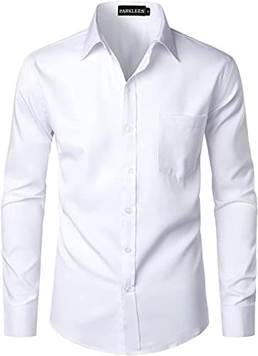 PARKLEES Men's Urban Stylish Casual Business Slim Fit Long Sleeve Button Up Dress Shirt with Pocket White M