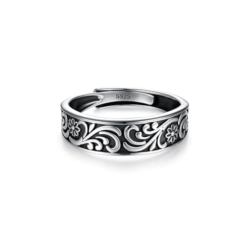 PHNIBIRD Anello da Uomo in Argento Sterling 925 con Turchese Naturale di Modello di Erba Nero Anello per Moda Retrò Misura Regolabile