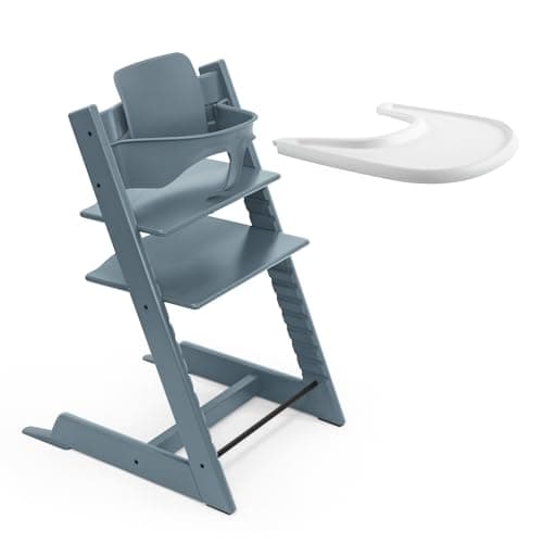 Stokke Tripp Trapp Hochstuhl (Fjord Blue) mit Stokke Tray (White) - ein verstellbares, ergonomisches und leicht zu reinigendes Babyset für Kinder im Alter von 6-36 Monaten