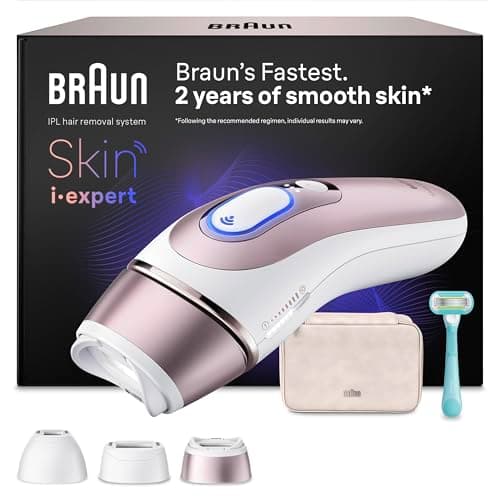 Braun Depiladora Luz Pulsada Smart IPL Skin i·expert, Depilación Láser en Casa, Reducción Permanente del Vello, Depiladora Laser con 3 Cabezales, Neceser Y Maquinilla Venus, Blanco/Bronce, PL7311