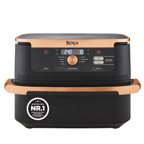 Ninja Foodi FlexDrawer Dual Zone Heißluftfritteuse, Airfryer mit 10,4-Fach und herausnehmbarem Trenner, Antihaftbeschichtung, spülmaschinenfester Korb, 7-in-1, Schwarz & Kupfer, AF500EUCP