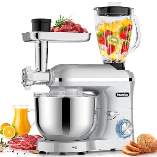 Homlee 3 In 1 Robot De Cocina con Picadora De Carne y Batidora,2000W Amasadora Multifunción, 5.5L Cuenco De Acero Inoxidable,1.5L Exprimidor De zumo, 6 Niveles De Velocidad