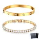 LACHT 2 Stück Armband Damen Gold-17 Cm Kristallen Tennis Armband 6Mm Breit Cubic Zirkonia Armreif Für Frauen, Wasserfester Tennisarmband Mit Edelstahl Armbänder Set Geschenke Für Damen - 1