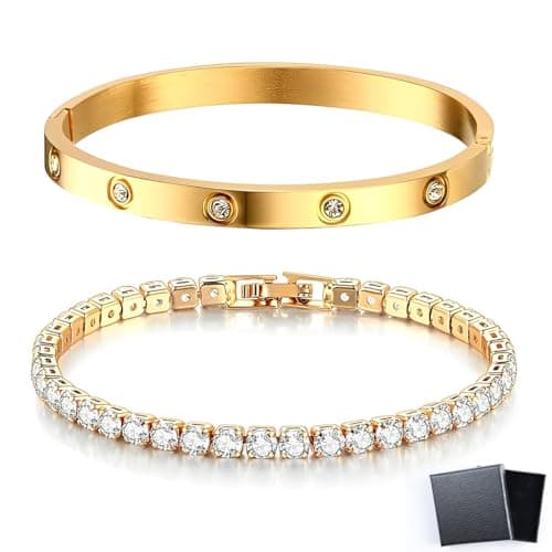 LACHT 2 Stück Armband Damen Gold-17 Cm Kristallen Tennis Armband 6Mm Breit Cubic Zirkonia Armreif Für Frauen, Wasserfester Tennisarmband Mit Edelstahl Armbänder Set Geschenke Für Damen