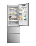 Haier 3D 60 Series 5 Freestanding Fridge Freezer, 3 Doors, Total No Frost, E Class, 360L Total Capacity, Easy Access Freezer Drawers, hOn App, AI & Wi-Fi Connected, Silver, 60x67x185 cm - HTW5618ENMG - 2