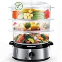 Aigostar Fitfoodie Steel - Vaporera eléctrica 9 L Vaporiera Inox, 3 recipientes Independientes, Temporizador 60 Minutos, Cuenco para Preparar arroz, Livello Di Acqua Visibile, Libre de BPA, 800W - 1