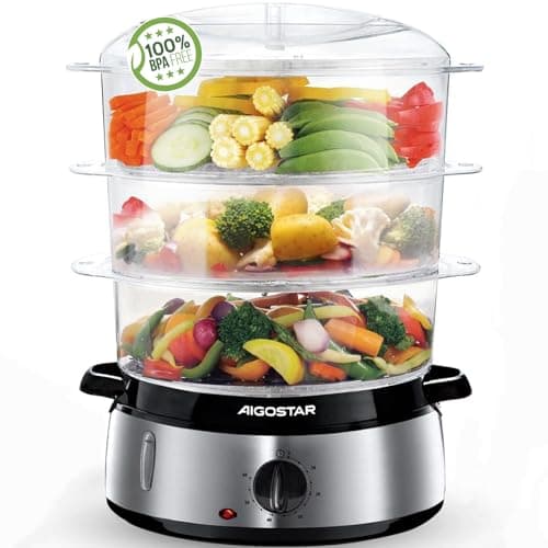 Aigostar Fitfoodie Steel - Vaporera eléctrica 9 L Vaporiera Inox, 3 recipientes Independientes, Temporizador 60 Minutos, Cuenco para Preparar arroz, Livello Di Acqua Visibile, Libre de BPA, 800W