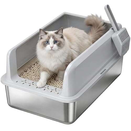 Lifewit Arenero Gato Acero Inoxidable con Pala, Caja de Arena para Gatos Grande, Arenero Gatos para Salón, Dormitorio, 58 x 38 x 26 cm, Gris