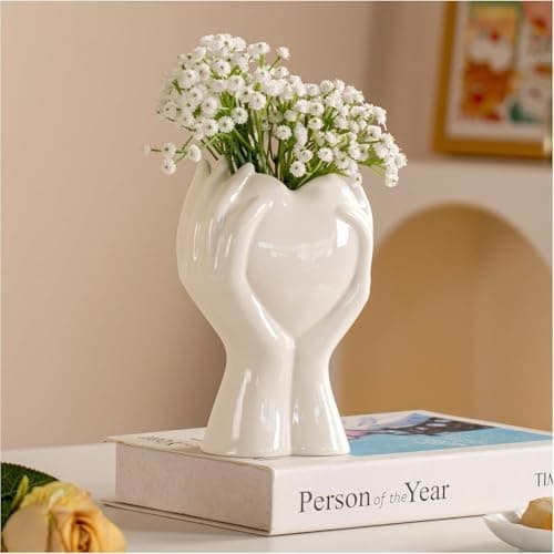 20 cm Heart Hand Ceramic Modern Flower Vase for Living Room, Bedroom Decoration, Aesthetic Nordic Style for Home, Office, Coffee Table Shelf Decoration, Gift Idea for Women, Mum, Best Friend (White)