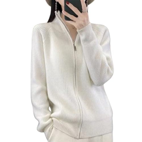 Cárdigan de Lana de Punto para Mujer, Cuello Alto y Cremallera. Suéter de Lana Grueso y cálido con Cremallera Completa. (White,Talla única)