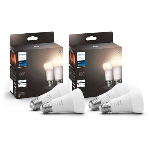 Philips Hue White E27 Bulb, 4 x 1055 lm, Dimmable, Warm White Light, Controllable via App, Compatible with Amazon Alexa, 9.5 W (Echo, Echo Dot)