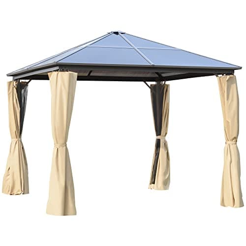 Outsunny Gazebo da Giardino 3x3m con Tetto in Policarbonato e Zanzariere, Struttura in Alluminio, Caffè e Khaki