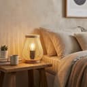 BARCELONA LED Lampada da Tavolo in Legno Naturale con Paralume in Bambù e Rattan, Base in Legno Massello, Stile Vintage e Moderno, Luce Calda E27, Design Japandi Minimalista per Camera e Soggiorno - 4