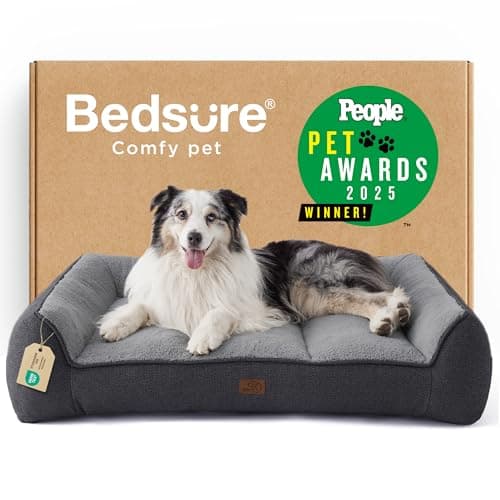 Bedsure Cama Lavable Perros Grandes - 106x76cm Sofá para Perro Extra Grueso y de Soporte con Funda Impermeable, Cama Antideslizante de Peluche Sherpa Suave, Gris Oscuro