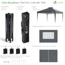 VOUNOT® Carpa Plegable Gazebo 3x3m Botón Central, Cenador Pabellón de Jardín con Paredes Laterales, Sacos Arena y Bolsa de Transporte, Pérgola Tienda Protección UV para Camping Fiestas Exterior, Gris - 2