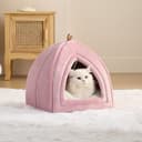 Bedsure Cat Cave Bed Indoor - Flannel Hooded Cat Igloo House, 40x40x40cm Enclosed Foldable Pet Bed with Removable Washable Cushion Pillow, Pink - 4