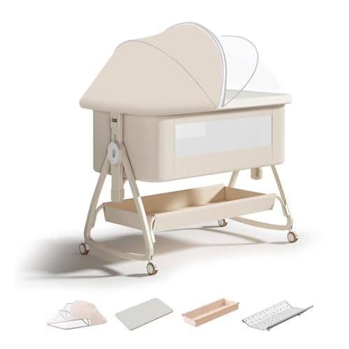4 in 1 Baby Bedside Crib,6 Height Adjustable Next to Me Crib,Co-Sleeping Baby Cot Bed with Mattress,Detachable Net,Storage Basket & Changing Table,Can Switched to a Bassinets for 0-3 Years (Beige)