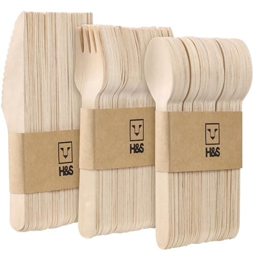 H&S Set di posate 150 pezzi in legno biodegradabile monouso ecologico per feste - 50 forchette, 50 coltelli, 50 cucchiai