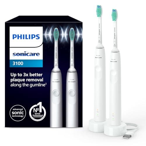 Philips Sonicare 3100 Electric Toothbrush, Sonic Toothbrush, Pressure Sensor and Timer, White, Dual Pack, Model HX3675/13