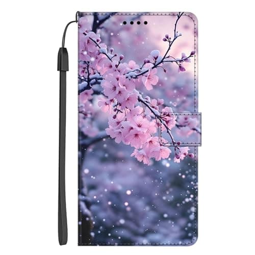 EuoDuo Klapphülle für Realme GT Neo6 SE 5G Hülle zum Klappen Lederhülle Tier Muster Handyhülle Magnet Schutzhülle Flip Handytasche Kartenfach Cover - Kirschblüten Schneeflocken