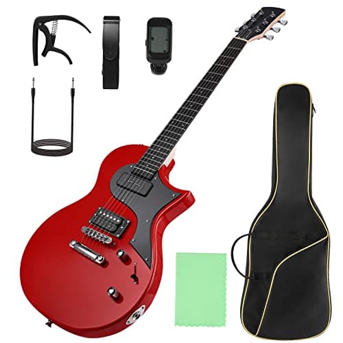 Electric Guitar Beginner Guitar 40.2 Inch Solid Poplar Body Maple Neck Laurel Fingerboard HH Pickups Les Paul Style with Gig Bag Tuner (Color Options) (Red)