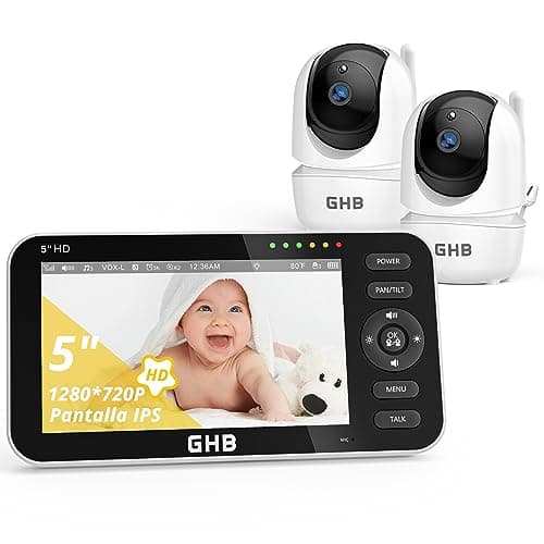 GHB Camara Vigilancia Bebe con 5" HD Vigilabebes con 2 Camaras Duración de Batería 168 Horas de 4000mAh Soporta 4 Cámaras, Pantalla Dividida, 4×Zoom, Comunicación Bidirecciona Escucha Bebe