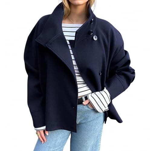 Dasongff - Abrigo corto de lana con cuello alto y botones para mujer con bolsillos, azul marino, M