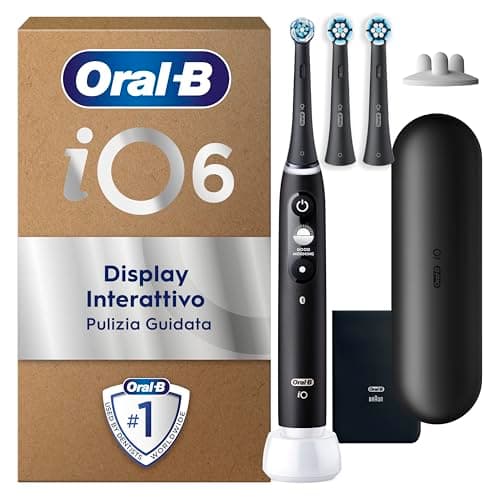 Oral-B iO 6 Spazzolino Elettrico Ricaricabile Nero, 3 Testine Di Ricambio, Custodia Da Viaggio. 1 Spazzolino Elettrico Oral B, 3 Testine Autentiche di Ricambio