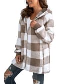 ABINGOO Damen Teddy Fleece Mantel Kariert Warm Winterjacke Kapuzenjacke Flauschig Plüschjacke Reißverschluss Sweatshirt mit Kapuze und Taschen(Beige,M) - 3