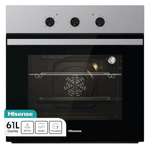 Hisense BI62120AX - Forno multifunzione, 3 manopole Push Pull, cavità 61l, 7 funzioni, AcquaClean, 2 vetri, funzione pizza 250°, classe A, inox, Basico