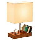 Dreamholder Tischlampe mit 3 USB A+C Anschlüssen, 3 Telefonständer, Moderne USB Nachttischlampe für Schlafzimmer, Wohnzimmer, Büro, Nachttischlampe mit Walnussholzsockel & Stoffschirm - 2