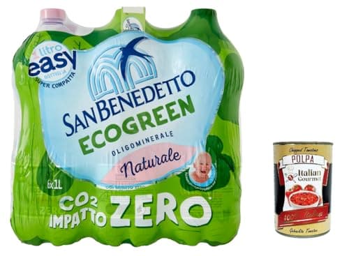 12 x San Benedetto Acqua Naturale Benedicta Ecogreen Easy 1 L, Oligomineral Natural Water PET Disposable Bottle + Italian Gourmet Polpa 400 g