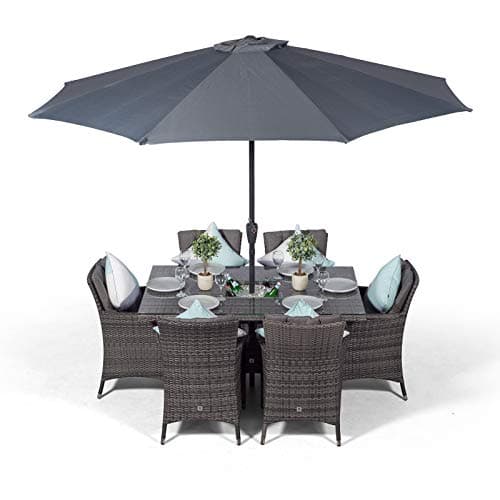 Giardino Savannah Rattan 6 Seater Dining Set | Rectangle Table & Chairs with Ice Bucket Drinks Cooler & Parasol