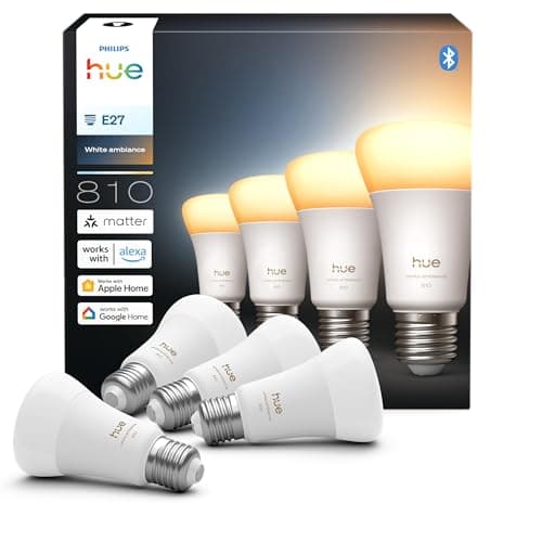 Philips Hue Smart LED A60 Lampe, White Ambiance, E27 Fassung, 6W, Vollspektrumlicht 1000K-20000K, 810 Lumen, dimmbar, kompatibel mit Alexa, Google Assistant und Apple Home, 4er Pack