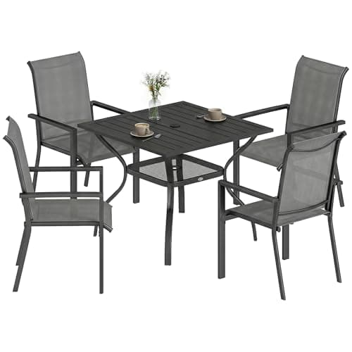 Outsunny 5 Pieces Garden Dining Set for 4, Patio Table and Stackable Chairs with Breathable Mesh Seat and Parasol Hole, Garden Furniture Set with Steel Frame for Garden, Dark Grey