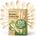 Set di posate compostabili al 100% (150 pezzi) - Posate in legno compostabili ecocompatibili [50 forchette, coltelli, cucchiai] - Set di posate, forchette, cucchiai e coltelli in legno usa e getta - 1