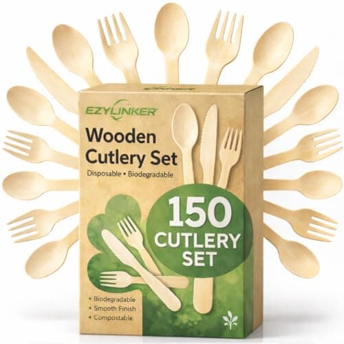 Set di posate compostabili al 100% (150 pezzi) - Posate in legno compostabili ecocompatibili [50 forchette, coltelli, cucchiai] - Set di posate, forchette, cucchiai e coltelli in legno usa e getta
