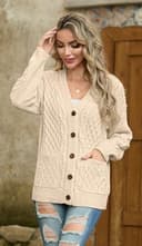 GRECERELLE Cárdigan de punto clásico para mujer, cuello en V, tira de botones, elegante, informal, otoño e invierno, suéter con botones y bolsillos, beige, L - 2