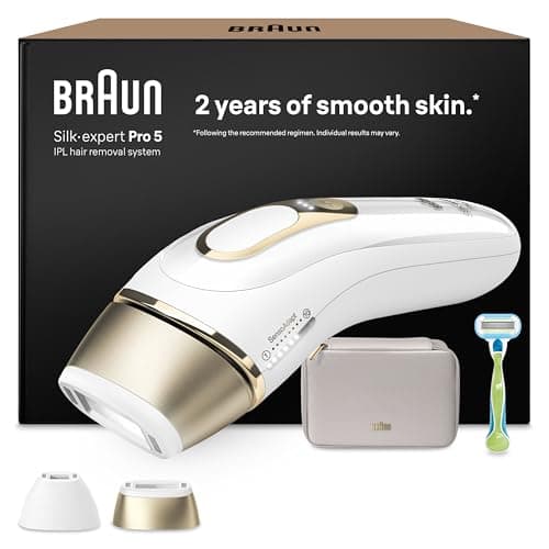 Braun IPL Silk·expert Pro 5 - IPL Hair Removal Device, Permanent and Painless Hair Removal for Home - Includes Case, Venus Razor, 2 Attachments, Designed in Germany - PL5152, White/Gold