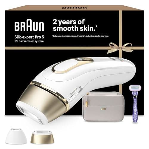 Braun IPL Silk-Expert Pro 5, at Home Hair Removal, Alternative for Laser Hair Removal, Includes Pouch, Venus Razor, Precision Head, 2 Years of Smooth Skin, Gift for Women, White/Gold, PL5138