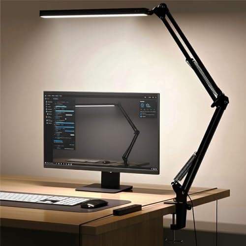 Meltrck Lampada da Scrivania LED con Morsetto, Lampada Architetto Dimmerabile con Braccio Girevole Lungo,1200LM Protezione Occhi, 5 Colori e 11 Luminosità, Lampada da Lavoro per Ufficio (Nero)