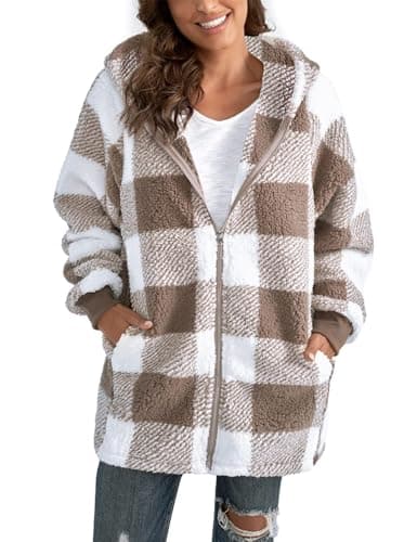 ABINGOO Damen Teddy Fleece Mantel Kariert Warm Winterjacke Kapuzenjacke Flauschig Plüschjacke Reißverschluss Sweatshirt mit Kapuze und Taschen(Beige,M)