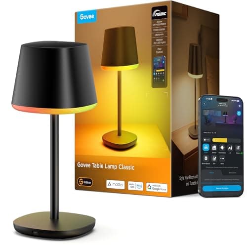 Govee Lámpara de Mesa Inalámbrica, RGBICWW Lámpara Mesita Noche LED Compatible con Matter Alexa, Regulable 500lm y Recargable 4800mAh, 72 Escenas, 2700-6500K para Sala de Estar Dormitorio y Escritorio