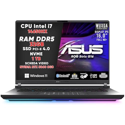 ASUS ROG STRIX G16 (2025) PC GAMING, NOTEBOOK GAMING I7-14650HX, NVIDIA GEFORCE RTX 5060 (8GB GDDR7), RAM 32GB DDR5, SSD 1TB, DISPLAY 16" FHD CON THUNDERBOLT 5, BT 5.4, TASTIERA RGB, WIFI 7