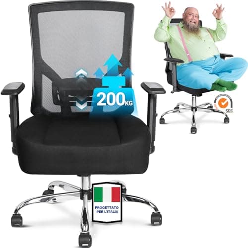 MELOKEA XXL Sedia da Ufficio Ergonomica per Persone Robuste, 200kg Portata con Ruote in Gomma, Schienale Alto, Extra Larga con Seduta Ultra-Spessa 14cm Big & Tall, Sedia da Gioco