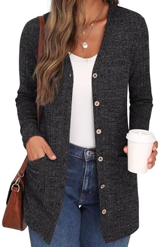 GRECERELLE Cardigan Mujer Elegante Chaqueta Punto Manga Larga Cuello en V Bolsillos Botones Estilo Largo (Gris Oscuro, L)