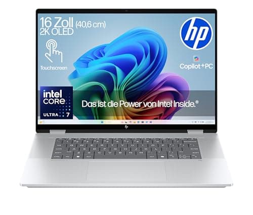 HP OmniBook X Flip, Copilot+ PC, 16 Inch OLED Touch, Intel Core Ultra 7 258V (47 NPU Tops), 32 GB RAM, 1 TB PCIe Gen4 SSD, Intel Arc 140 GPU, Windows 11, AI-Powered, Convertible Laptop, QWERTZ, Silver