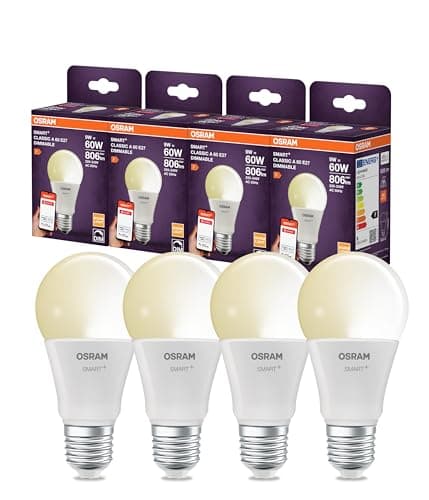 OSRAM Lampada LED SMART A60, forma lampadina E27, 9W ZigBee 3.0, dimmerabile 2700K bianco caldo, controllo tramite app, Alexa, Google Assistant,4-Pack