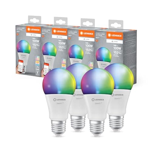 LEDVANCE Lámpara LED SMART+ MATTER, aspecto esmerilado, 14W, 1521lm, forma clásica con casquillo E27, función RGBW y luz blanca, control por aplicación o por voz, vida útil de hasta 20.000 horas